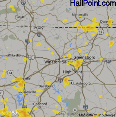 Hail Map for Winston-Salem, NC Region on August 1, 2019