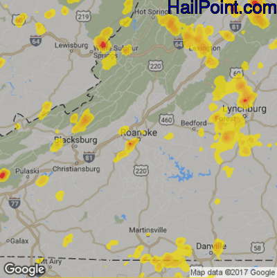 Hail Map for Roanoke, VA Region on August 1, 2019