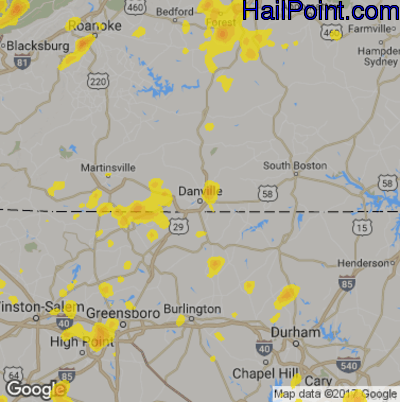 Hail Map for Danville, VA Region on August 1, 2019