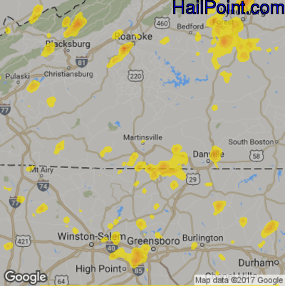 Hail Map for Martinsville, VA Region on August 1, 2019