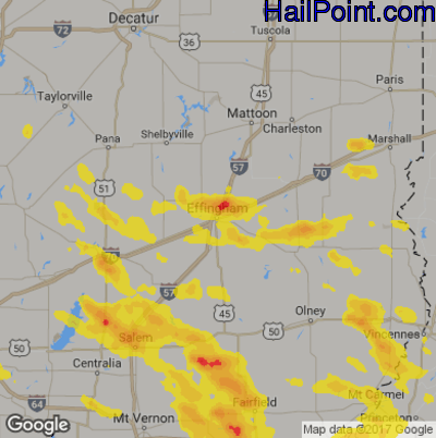 Hail Map for Effingham, IL Region on August 6, 2019