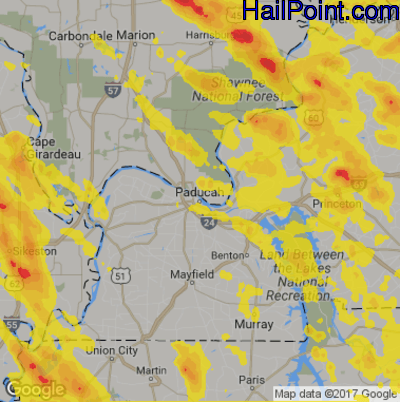 Hail Map for Paducah, KY Region on August 6, 2019
