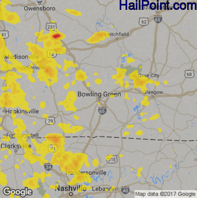 Hail Map for Bowling Green, KY Region on August 6, 2019