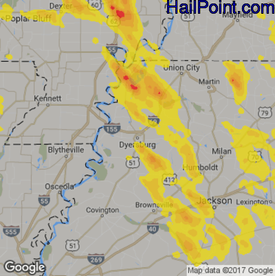 Hail Map for Dyersburg, TN Region on August 6, 2019 