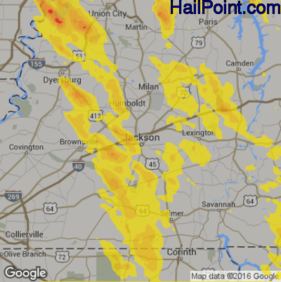 Hail Map for Jackson, TN Region on August 7, 2019