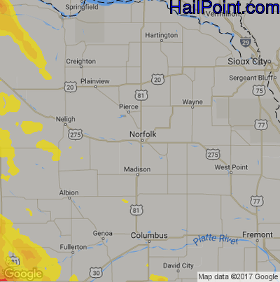 Hail Map for Norfolk, NE Region on August 7, 2019