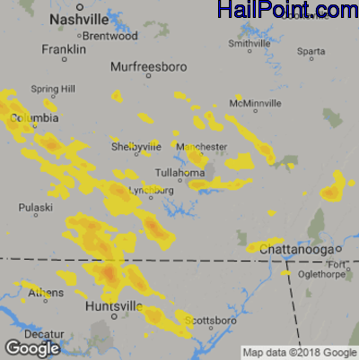 Hail Map for Tullahoma, TN Region on August 7, 2019