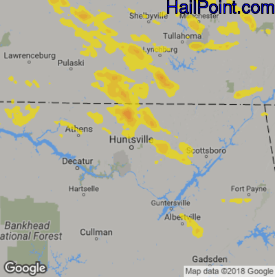 Hail Map for Huntsville, AL Region on August 7, 2019