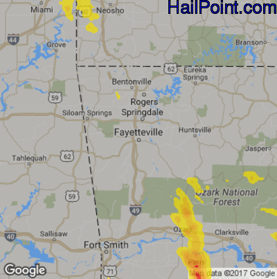 Hail Map for Fayetteville, AR Region on August 7, 2019