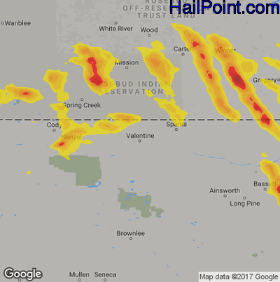 Hail Map for Valentine, NE Region on August 7, 2019