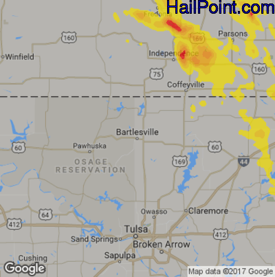 Hail Map for Bartlesville, OK Region on August 7, 2019