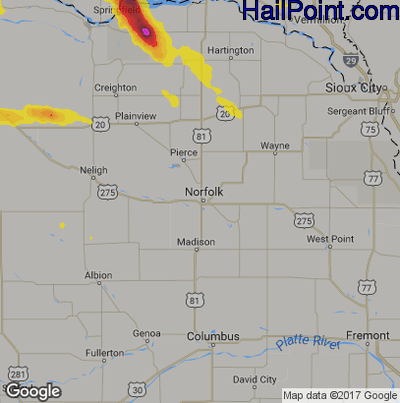 Hail Map for Norfolk, NE Region on August 8, 2019