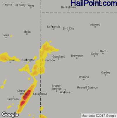 Hail Map for Goodland, KS Region on August 8, 2019