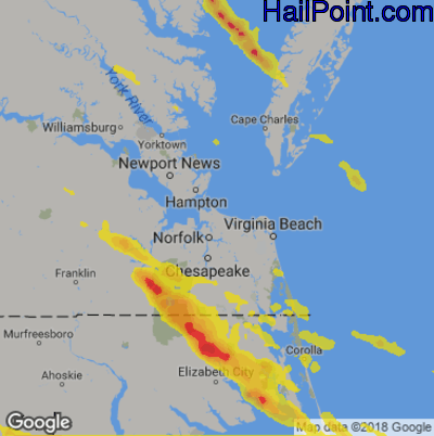 Hail Map for Norfolk, VA Region on August 9, 2019