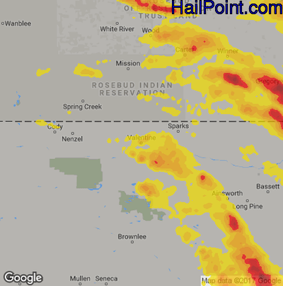 Hail Map for Valentine, NE Region on August 9, 2019