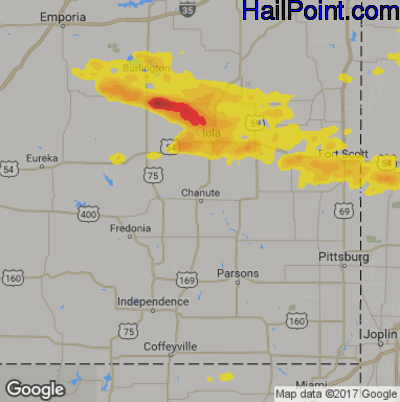 Hail Map for Chanute, KS Region on August 13, 2019