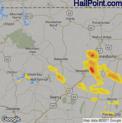 Hail Map for Batestville, AR Region on August 13, 2019 