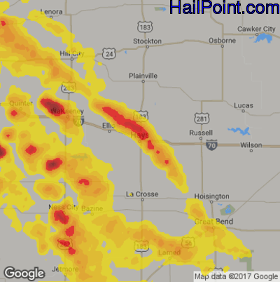 Hail Map for Hays, KS Region on August 13, 2019