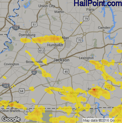 Hail Map for Jackson, TN Region on August 13, 2019