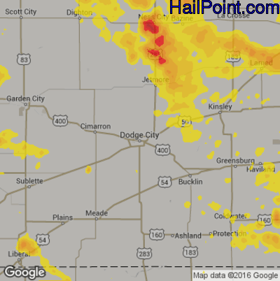 Hail Map for Dodge City, KS Region on August 14, 2019