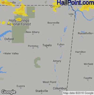 Hail Map for Tupelo, MS Region on August 14, 2019