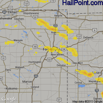 Hail Map for Fort Wayne, IN Region on August 14, 2019