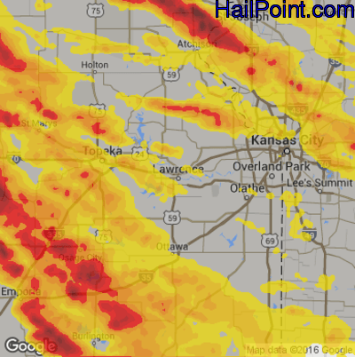 Hail Map for Lawerence, KS Region on August 15, 2019