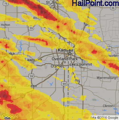 Hail Map for Shawnee, KS Region on August 15, 2019