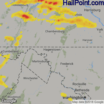 Hail Map for Hagerstown, MD Region on August 15, 2019