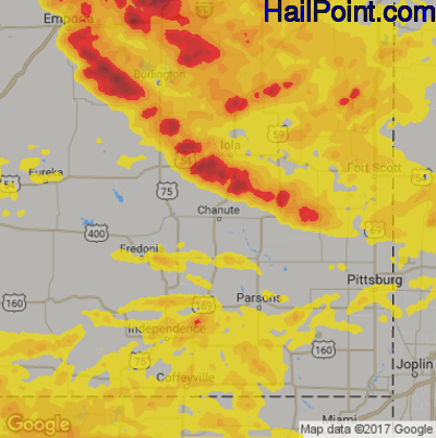 Hail Map for Chanute, KS Region on August 16, 2019