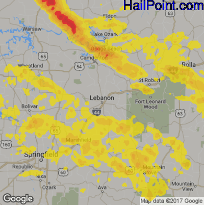 Hail Map for Lebanon, MS Region on August 16, 2019