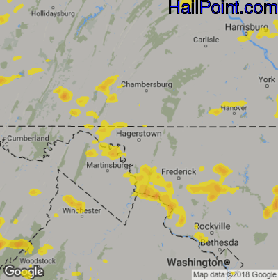 Hail Map for Hagerstown, MD Region on August 18, 2019