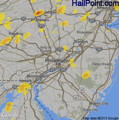 Hail Map for Philadelphia, PA Region on August 18, 2019