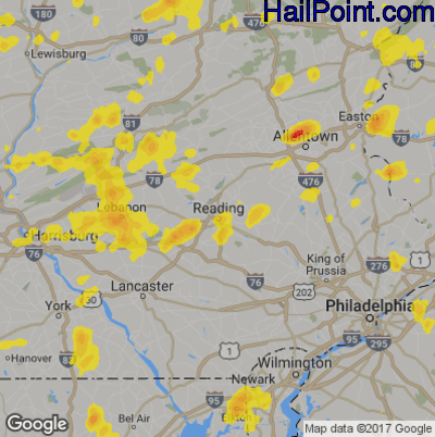 Hail Map for Reading, PA Region on August 18, 2019
