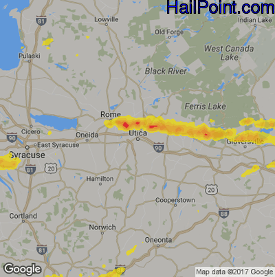 Hail Map for Utica, NY Region on August 18, 2019