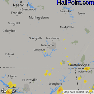 Hail Map for Tullahoma, TN Region on August 19, 2019