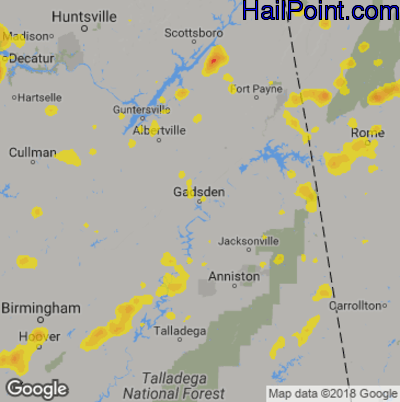 Hail Map for Gadsen, AL Region on August 19, 2019