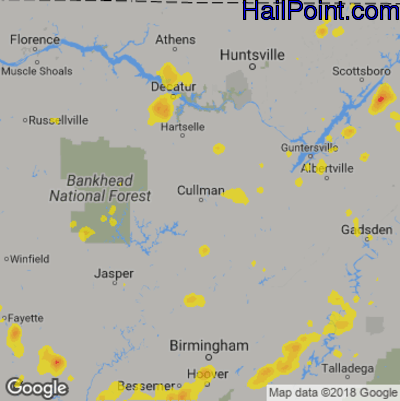 Hail Map for Cullman, AL Region on August 19, 2019