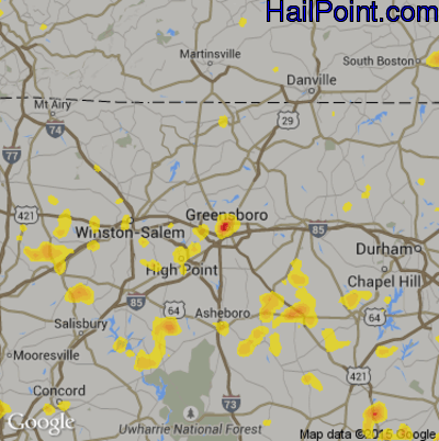 Hail Map for Greensboro, NC Region on August 19, 2019