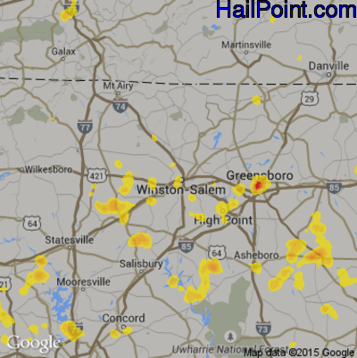 Hail Map for Winston-Salem, NC Region on August 19, 2019