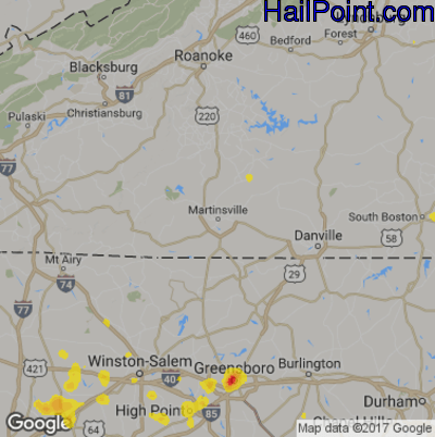 Hail Map for Martinsville, VA Region on August 19, 2019