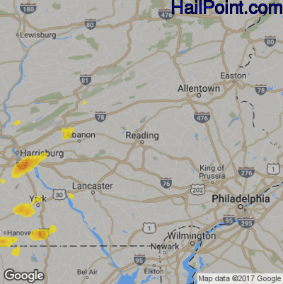 Hail Map for Reading, PA Region on August 20, 2019