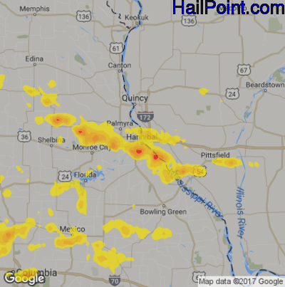 Hail Map for Hannibal, MS Region on August 21, 2019