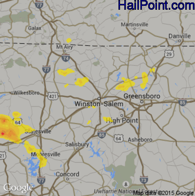 Hail Map for Winston-Salem, NC Region on August 21, 2019