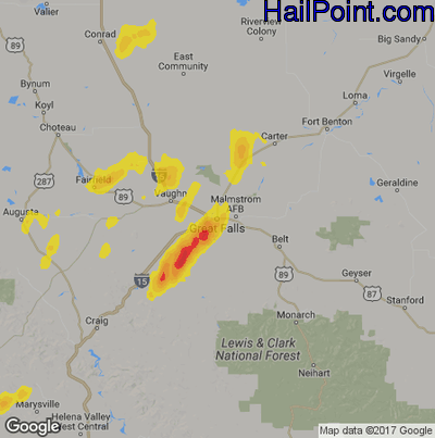 Hail Map for Great Falls, MT Region on August 21, 2019
