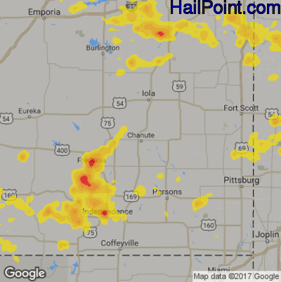 Hail Map for Chanute, KS Region on August 22, 2019