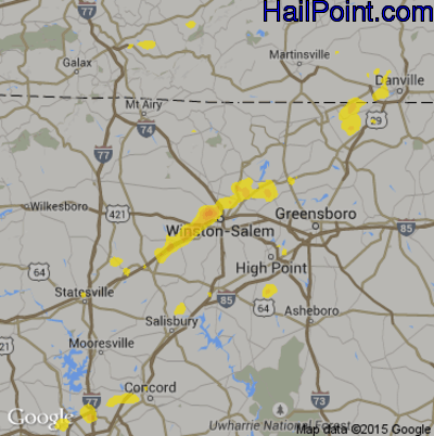 Hail Map for Winston-Salem, NC Region on August 22, 2019