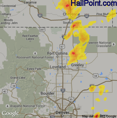 Hail Map for Fort Collins, CO Region on August 23, 2019