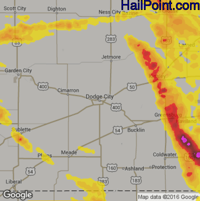 Hail Map for Dodge City, KS Region on August 25, 2019
