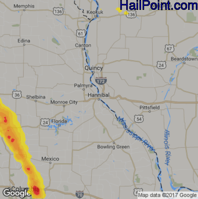 Hail Map for Hannibal, MS Region on August 29, 2019